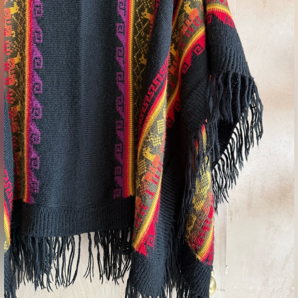 Alpaca Connection Alpaca Wool Ruana Wrap Peru Black Multicolor Unisex OS - Picture 11 of 13